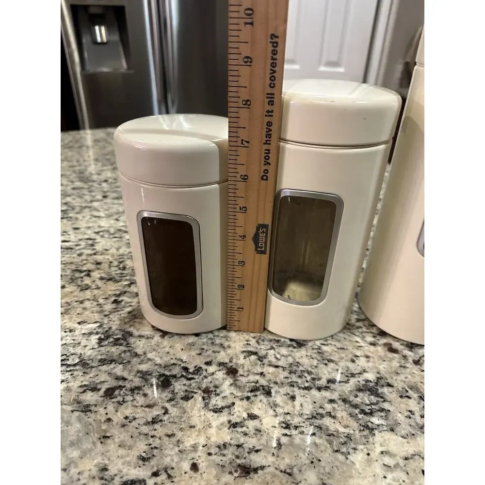 Vintage MCM Lidded Set/3 CHANTAL Cream Color Metal Canisters w/See Thru * Read